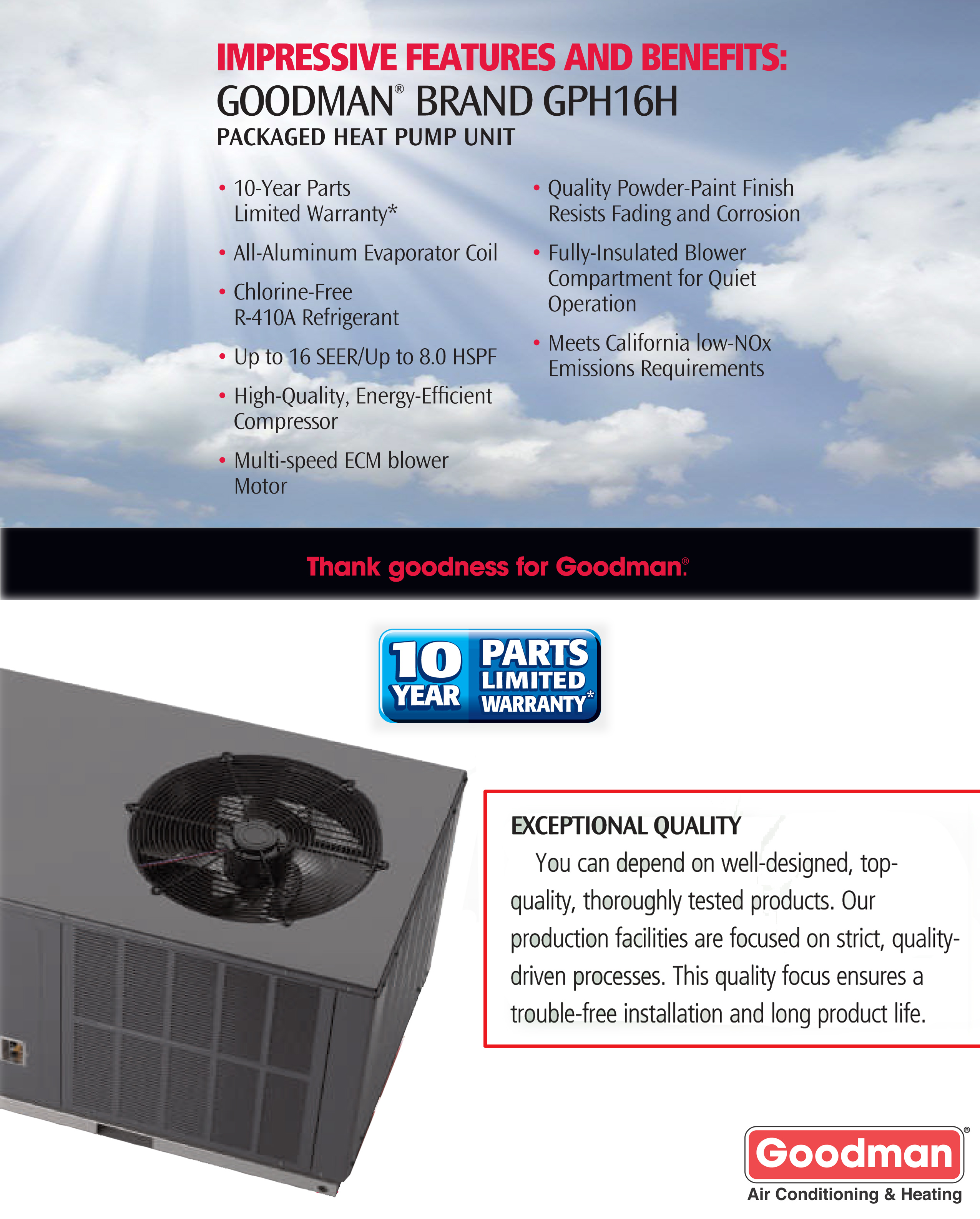 2.5 Ton Goodman 16 SEER Heat Pump Package Unit GPH1630H41 (F)